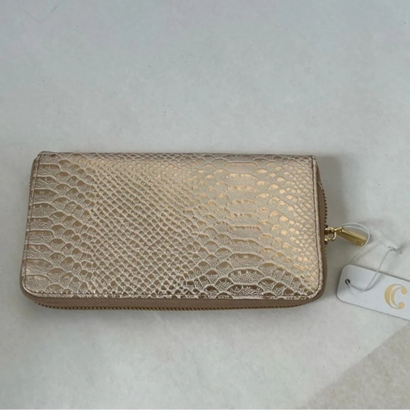 Charming Charlie Handbags - NWT - Charming Charlie Snake Skin Zip Around Wallet Gold Shimmering Clutch Bag